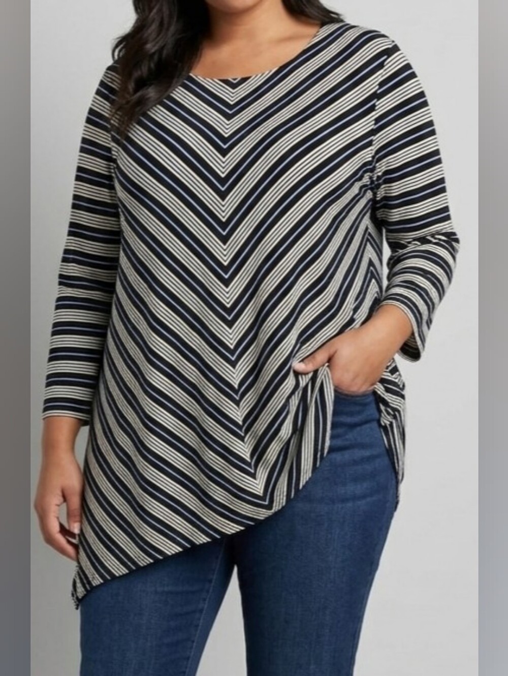Grace The Perfect Fit 3X Tunic Top Black Striped Chevron Long Sleeve NWT